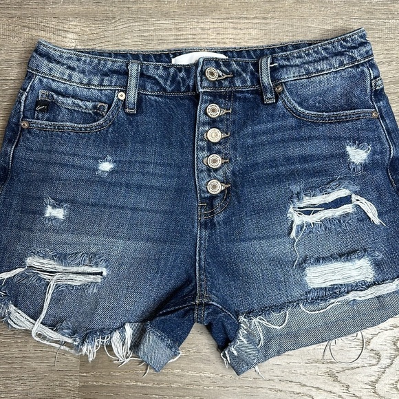 KanCan High Rise Distressed Turn Up Hem Denim Shorts Blue Sz 7/27 - Picture 2 of 10